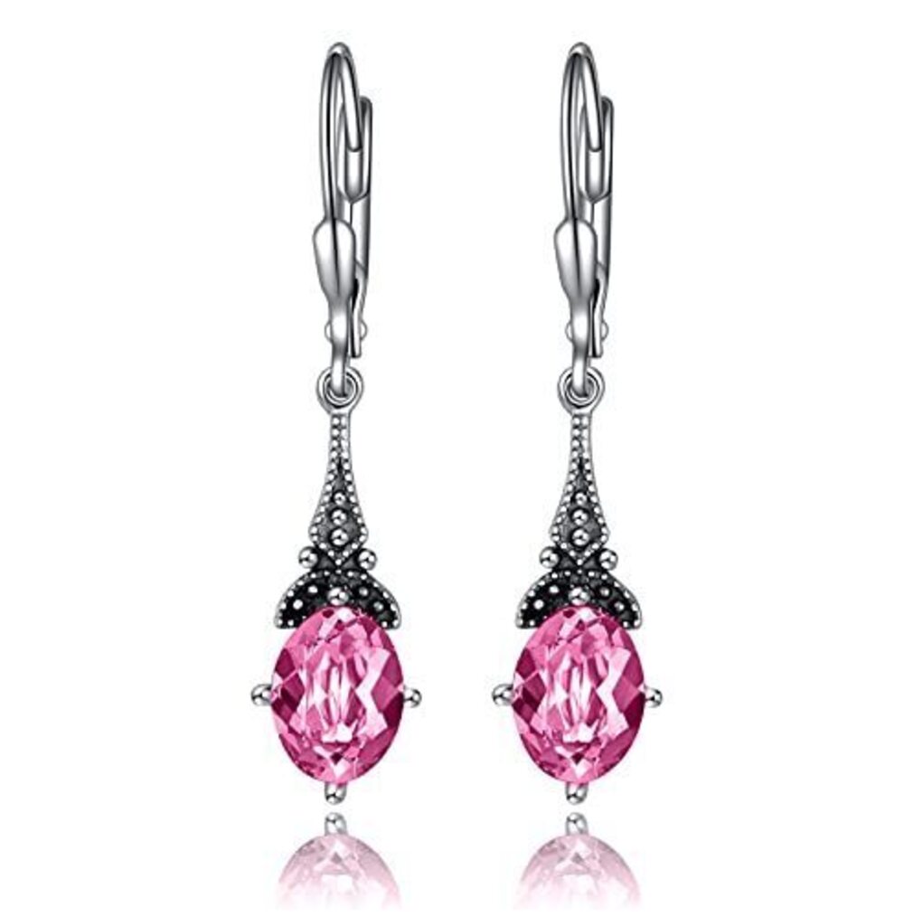 4792 Pink October Birthstone Vintage Leverback Earrings Sterling Silver